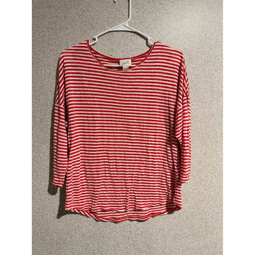 Jaclyn Smith Red White Striped 3/4 Sleeve Top Medium Linen Blend Drop Shoulder